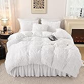 Litanika White Fluffy Comforter Queen, Luxury Plush Shaggy Fuzzy Bedding for Queen, Ultra Soft Warm Velvet Bed Set 3 Pieces(1 Faux Fur Comforter 90×90 Inch, 2 Pillowcases)