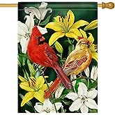 Furiaz Decorative Cardinal Flower Spring Summer Large House Flag Double Sided, Red Yellow Birds Home Lily Burlap Outside Garden Yard Decoration, Green Seasonal Outdoor Décor Flag 28 x 40