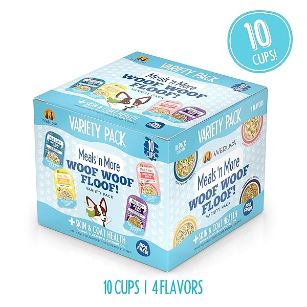 WERUVA MEALS ‘N MORE NATURAL WET DOG FOOD, WOOF WOOF FLOOF! SKIN & COAT HEALTH VARIETY PACK, 3.5OZ CUP (PACK OF 10)