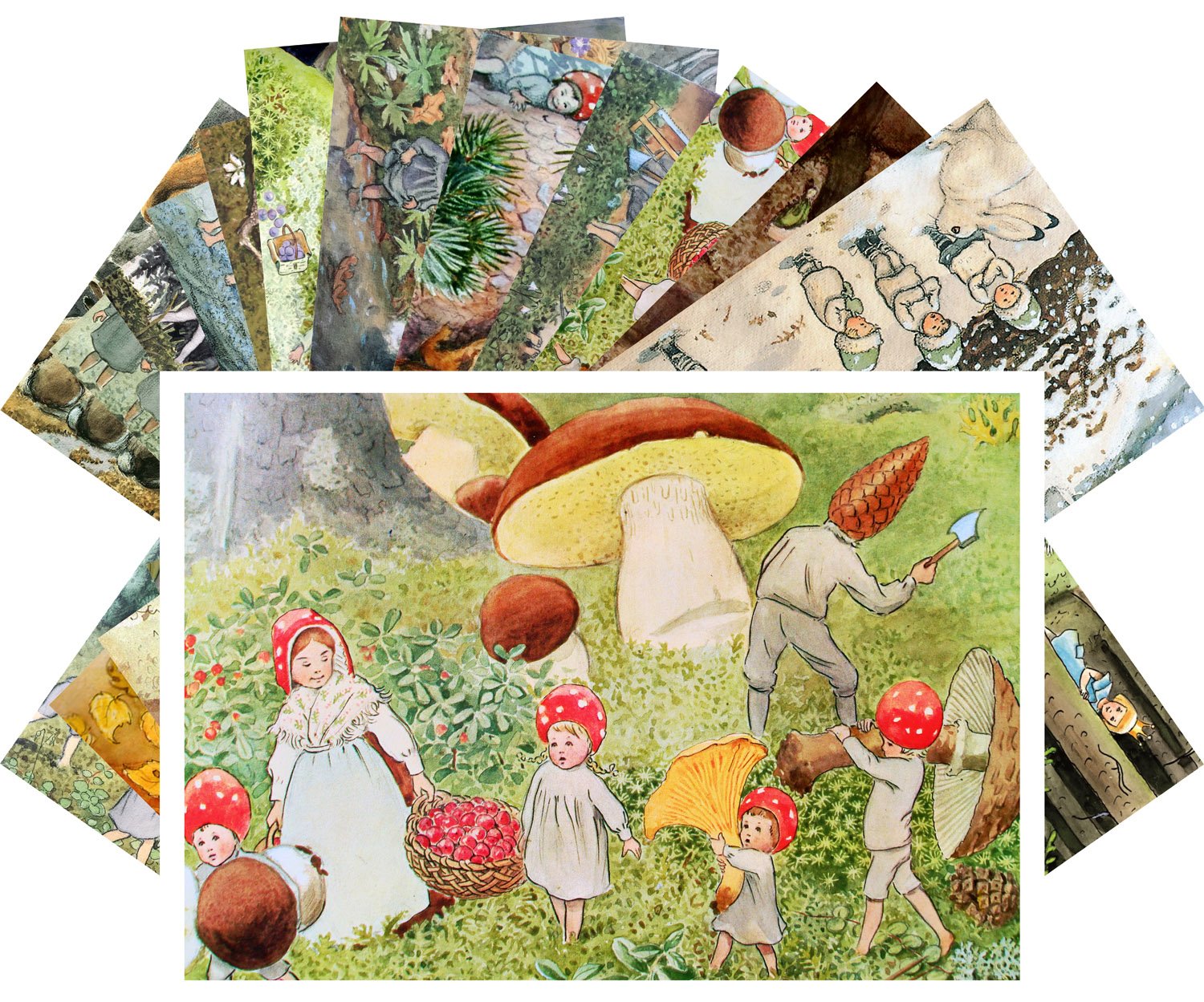 Postcard Set 24pcs Small Forest People by Elsa Beskow Vintage Kids Book Illustration Art