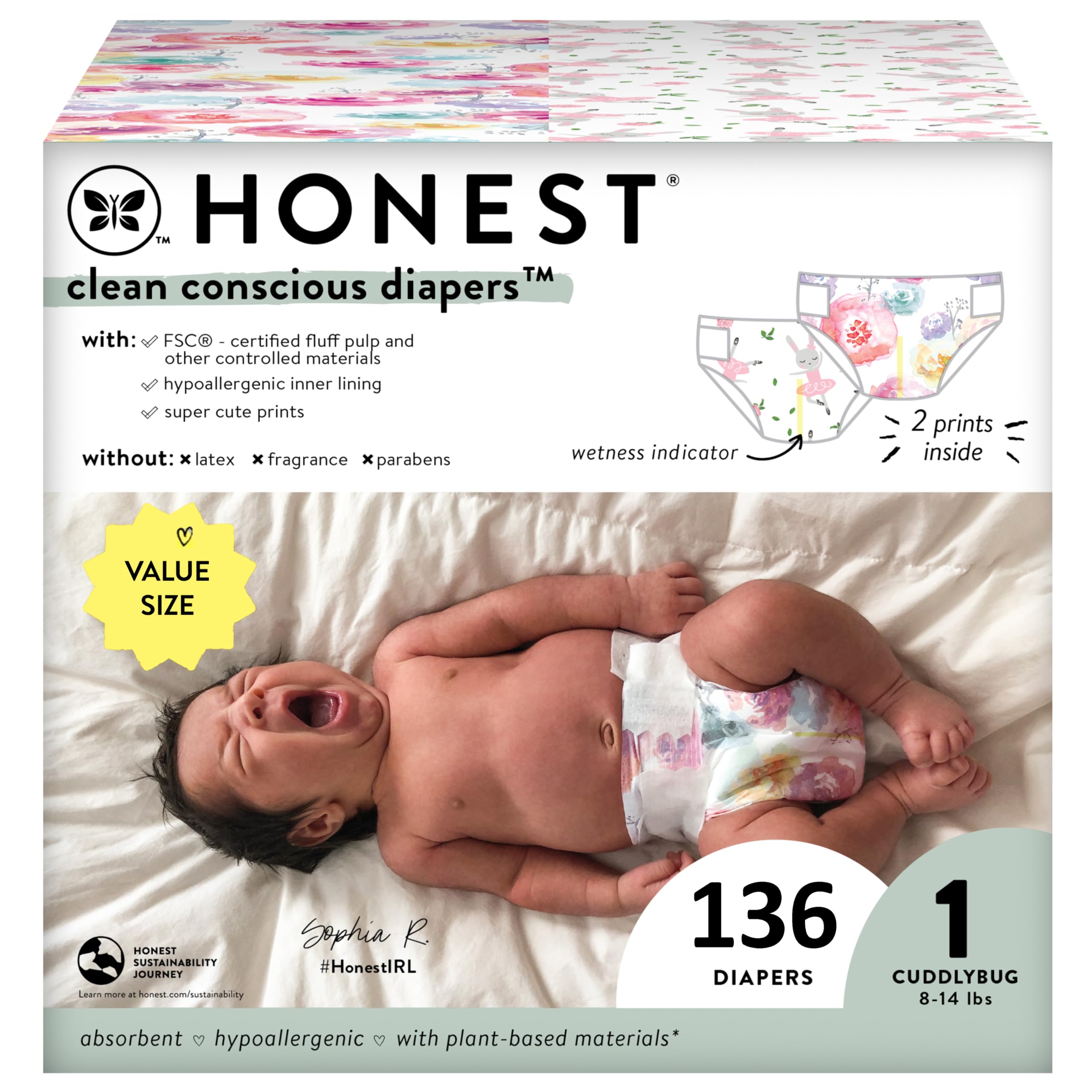 Photo 1 of The Honest Company Clean Conscious Diapers for Sensitive Skin | Hypoallergenic, Fragrance Free | Girl Prints | Super Club Box, Size 1 (8-14 lbs), 136 Count