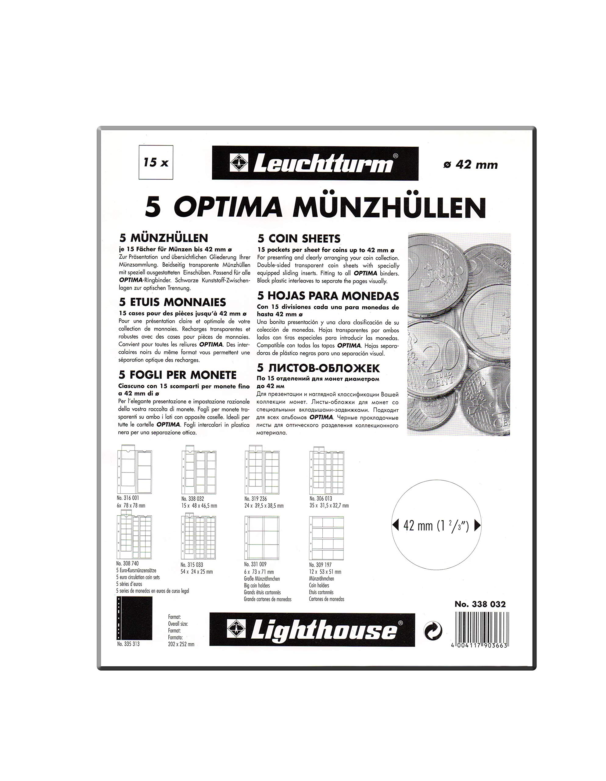 Leuchtturm 319236 Coin Sleeves Optima 34, 24 crystal-clear compartments for coins up to 34 mm in diameter - pack of 5