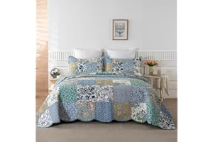 YAYIDAY Oversized Queen Quilt Set Patchwork Bedspread (110x118 Inch) - 100% Cotton Reversible Breathable Floral Quilted Coverlet with Pillow Shams Fit All Season