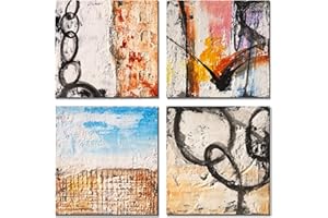 Yihui Arts Abstract Oil Painting - with Textured in 4 Panel Blue Black Red Canvas Wall Art Pictures for Living Room Bedroom Bathroom Dinning Decor