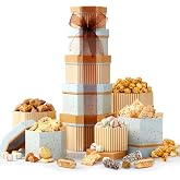 Broadway Basketeers Celebration Gift Tower with Sweets &amp; Nuts | Stacked snack tower for celebrations, congratulations, housewarming, holidays, and corporate gifting for families.