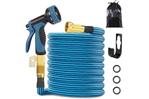 QXIAOFEI 100 ft Expandable Garden Hose - Kink Free Flexible Water Hose 100ft with 10 Pattern Spray Nozzle, 3/4 Solid Brass Connectors, Retractable Lightweight Expanding Hose