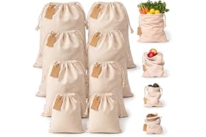 Muslin Bags with Drawstrings - Set of 8 Mixed (S,M,L,XL) - Reusable Produce Bags for Bulk Food Storage - Cloth Bags - Canvas 