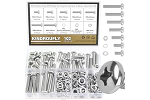Kindroufly 102 Pieces M6 x 10/12 /16/20 /25/30 /35mm Phillips Pan Head Machine Screws Nuts Washers Assortment Kit, 304 Stainless Steel, Fully Machine Thread