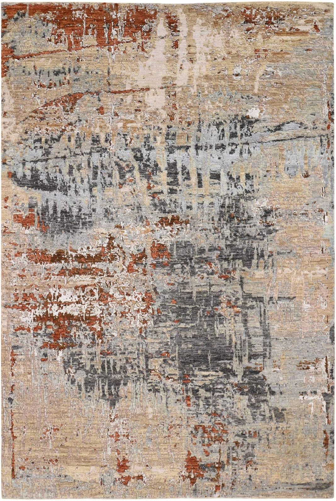 Shahbanu Rugs Rust Red Abstract Design Wool and Silk Hi-Low Pile Denser Weave Rug (6'0" x 9'1")