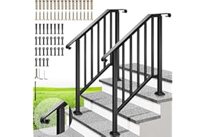 VIVOHOME 2-Pack 3 Step Galvanized Steel Hand Rails for Outdoor Steps – Curved Ends and Safety Balusters Exterior Railing for Porch, Deck, or Indoor Stairs, Complete Installation Kit