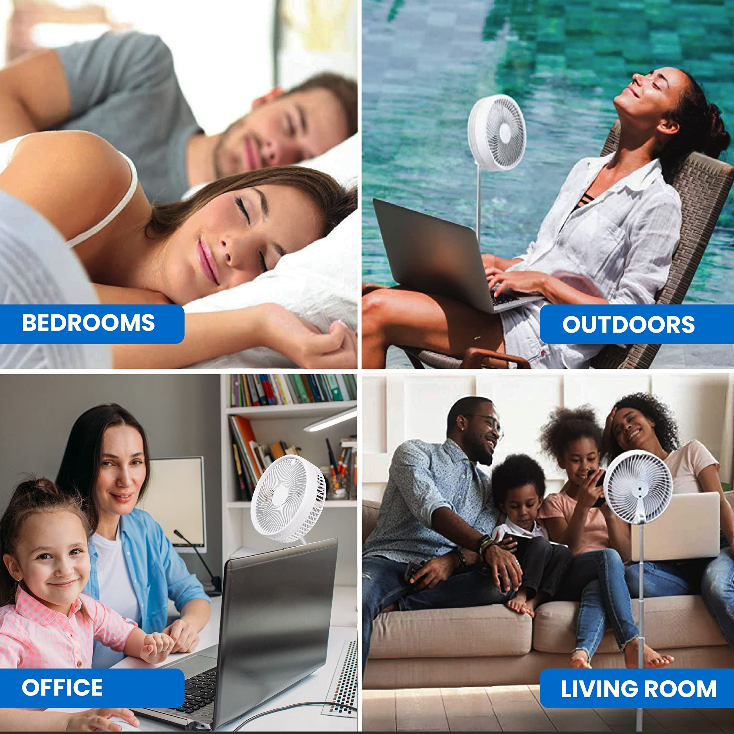 MyFoldaway Portable Fan for Travel, USB Rechargeable Cordless Portable Fans for Desk, Home, Camping, Sleeping, Lightweight Compact & Foldable Travel Fan, Pedestal Extends from 4-40”, Quiet, 3 Speeds