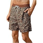 BEAUDRM Men's Leopard Swim Trunks Hawaiian Beach Shorts Cheetah Swimsuit Drawstring Waist Bathing Suit Board Shorts