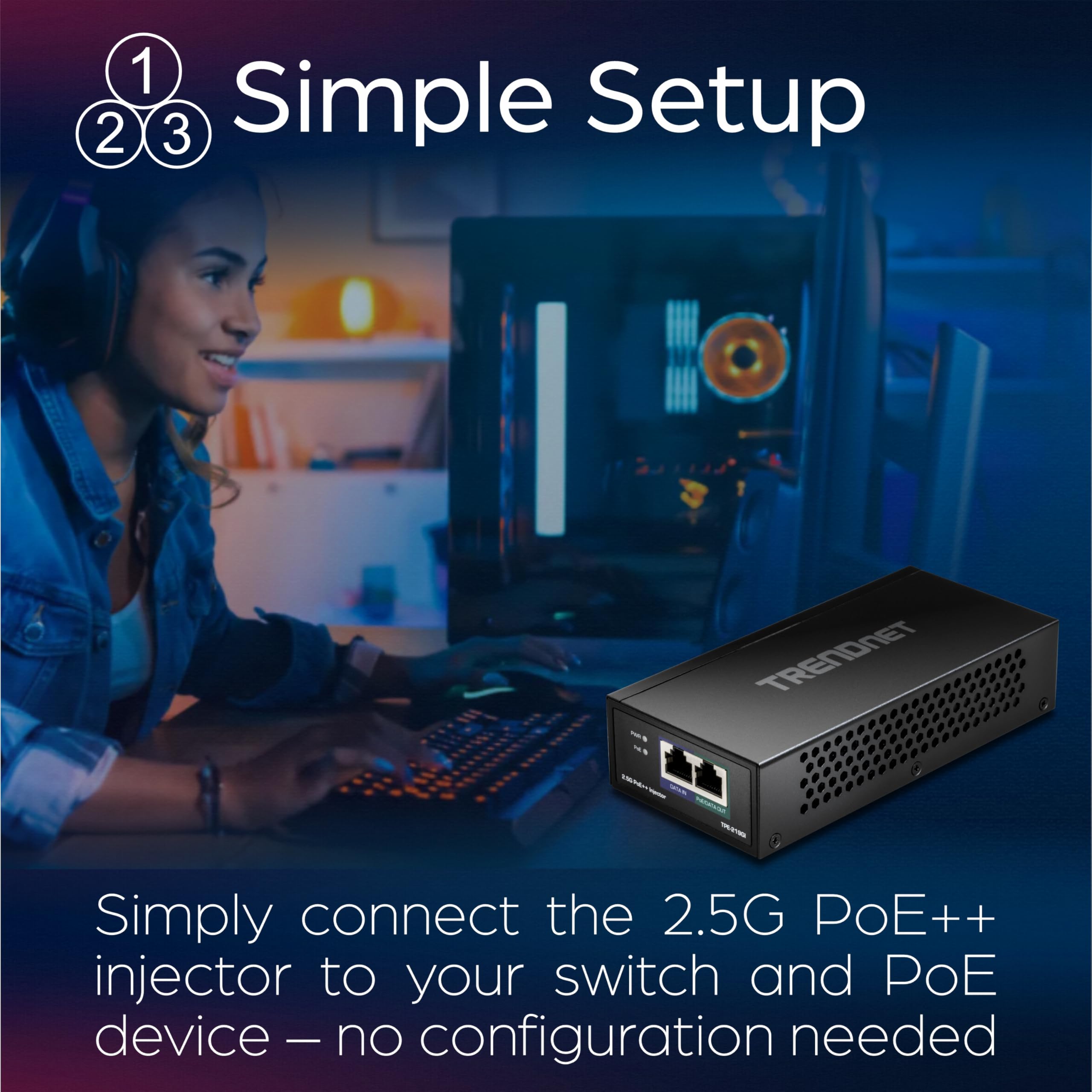 TRENDnet 2.5G PoE++ Injector, TPE-219GI, 90W PoE++, 30W PoE+, 15.4W PoE, IEEE 802.3 bt /802.3at/802.3af Compliant, Metal Housing, Up to 100m (328 ft.), Black