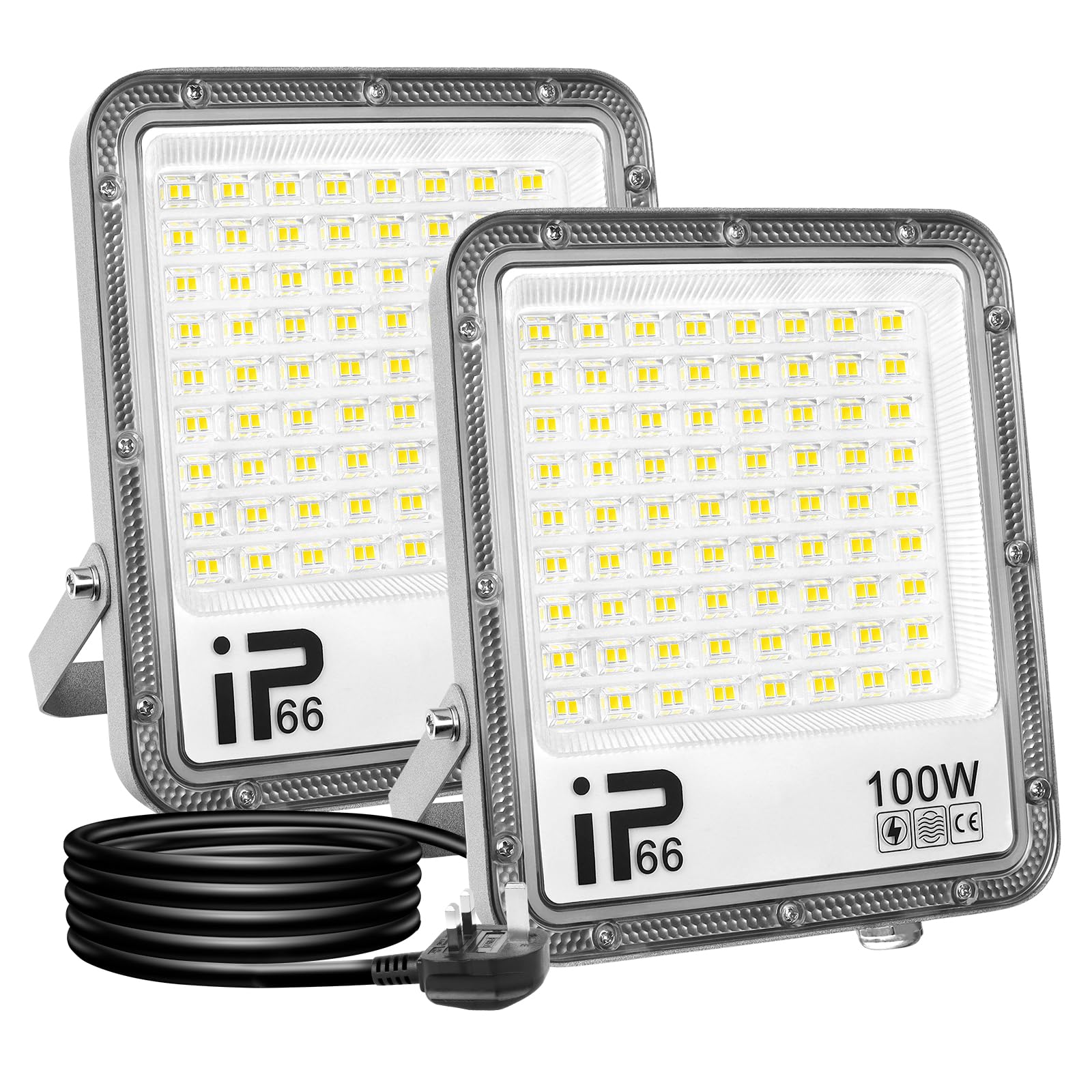 RIGIDON 2 Pcs Outdoor Flood LED Work Light, 100W 10000 LM Floodlight, Cold White Security Lights for Garage Garden Yard Lawn Workshop Court Patio, IP66 Waterproof 6000K, 1 M Wire with UK Plug