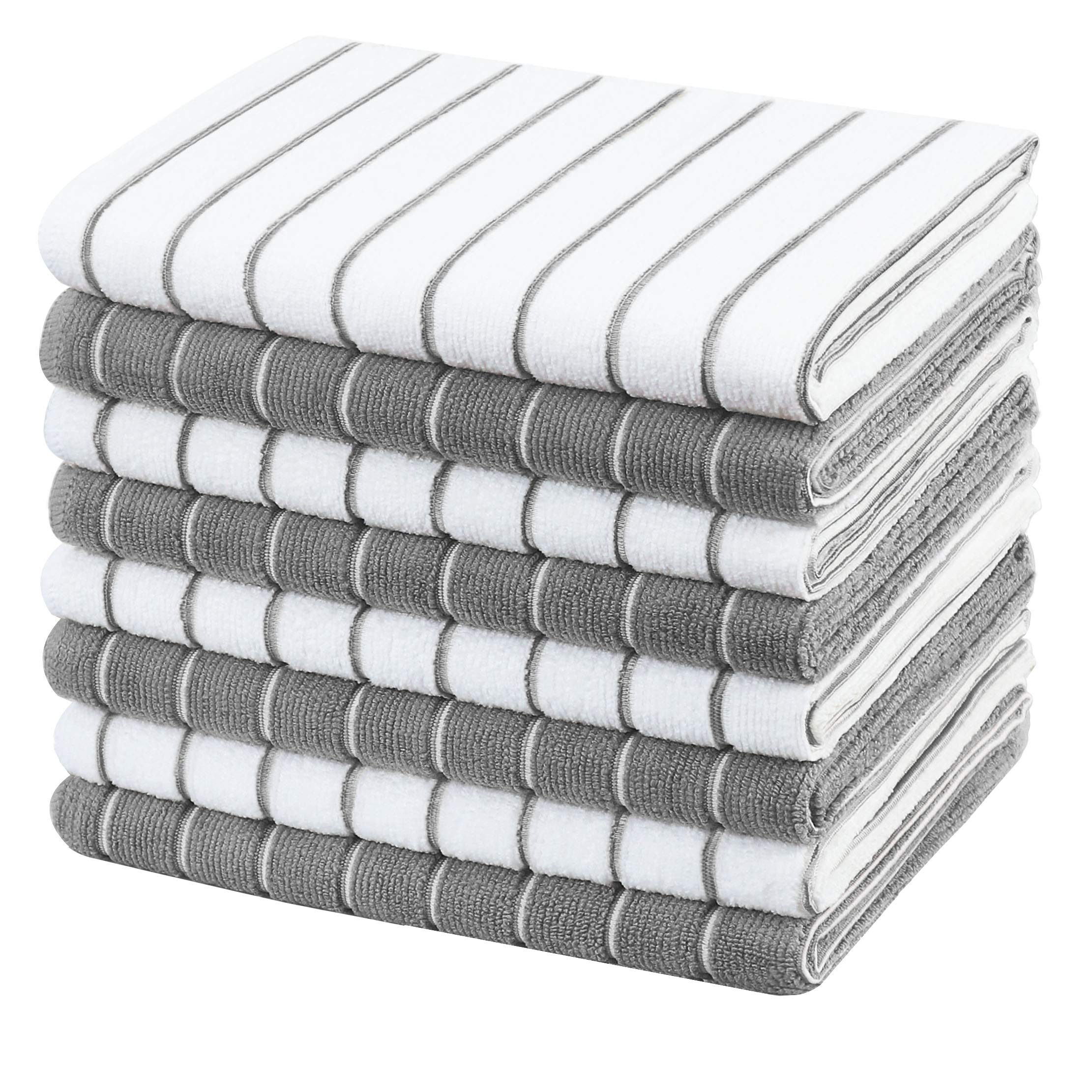 gryeer Microfibre Tea Towels - Pack of 8 (Stripe Designed Grey and White Colours) - Soft, Super Absorbent and Lint Free Kitchen Towels, 45 x 65 cm — image 1
