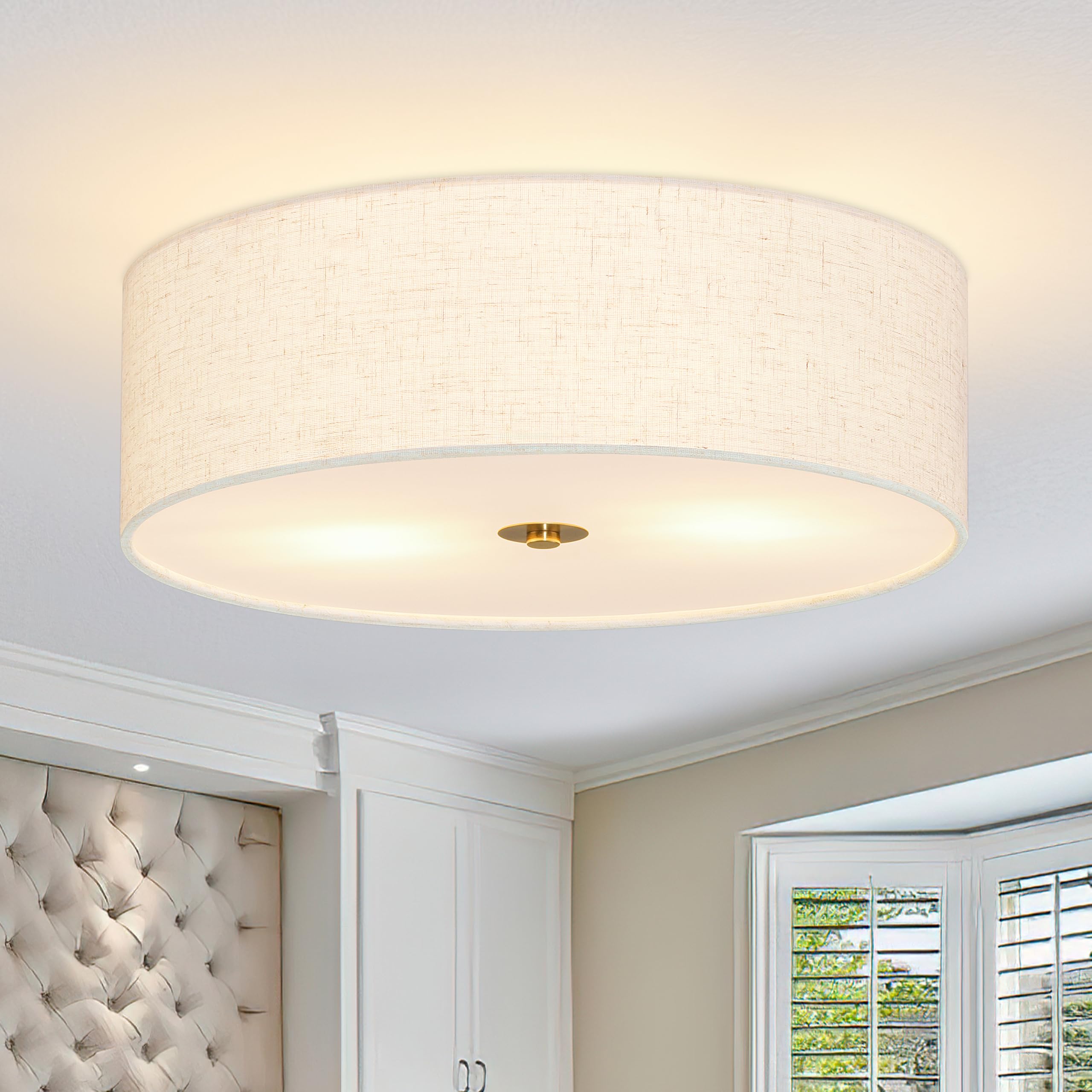 Photo 1 of 15.7 Inch Flush Mount Ceiling Light Fixture 3-Light Drum Modern Gold Ceiling Light Fixture Dimmable Close to Ceiling Light Fixture with Fabric Shade for Living Room Hallway Entryway Kitchen Bedroom