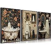 NBYARTQ 3Pcs Halloween Ghosts Posters Wall Art Horror Ghost and Black Cat in Bathroom Wall Decor Pictures Retro Horror Creepy Dark Academia Prints for Bathroom Gallery Home Decoration