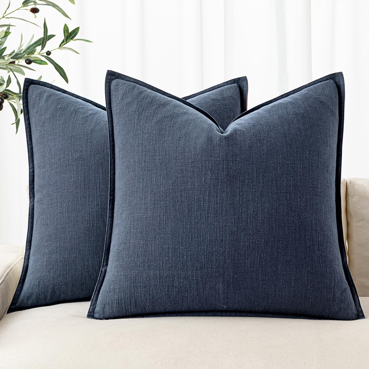 Photo 1 of MIULEE Decorative Linen Pillow Covers 18x18 Inch Indigo Blue Boho Farmhouse?Neutral Couch Throw Pillows for Bed Pack of 2 Accent Coastal Modern Pillowcase Summer Sofa Livingroom Home Decor