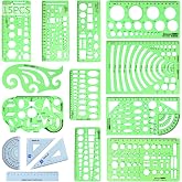 15PCS Geometric Drawings Templates,Transparent Green Plastic Ruler, Drafting Stencils Measuring Tools, Measuring Geometry Rulers for Office, Studying