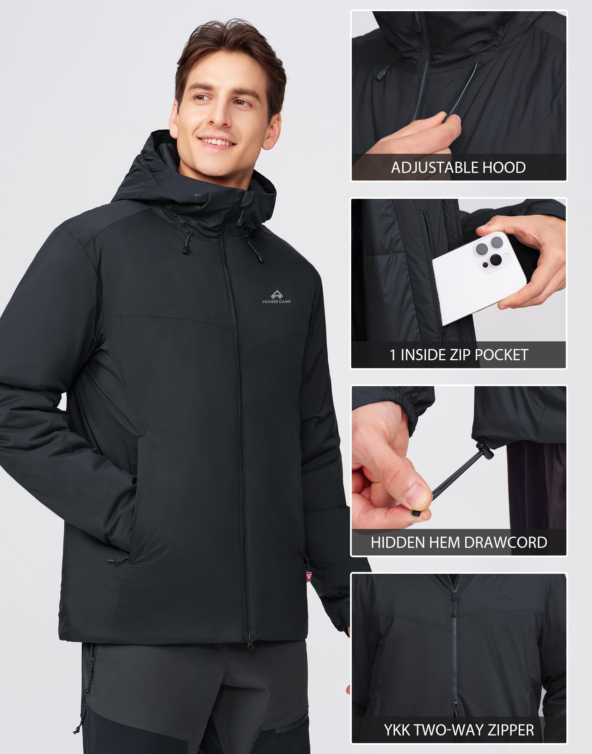 Leichte Winterjacke Herren mit Kapuze Warme Atmungsaktiv Outdoorjacke Wasserdicht Winddichte Puffer Isolationsjacke 2-Wege-Reißverschluss und Taschen Ideal für Outdoor-Aktivitäten und Alltag（Black;L) 5
