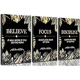 3 Pcs Black Gold Inspirational Office Canvas Wall Art believe focus disciplne Motivational Inspiring Quotes Pictures Wall Decor Poster Print Artwork for Man Cave Man Room Home Office Decoration