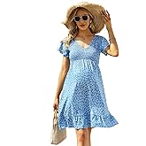 Coolmee Women's Maternity Short Sleeve Ruffle Dress V Neck Summer Casual Smocked Flowy Midi Dress for Baby Shower Photoshoot