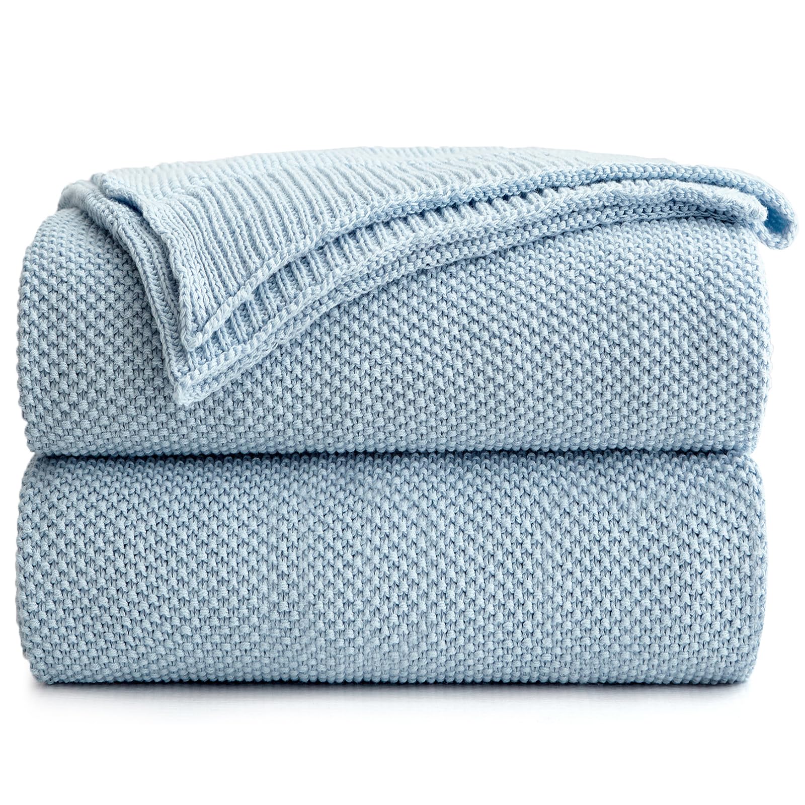 Longhui bedding 100% Cotton Light Blue Cable Knit Throw Blanket for Couch Sofa Bed Home Décor – Lightweight 50“ x 60”, Bonus Laundering Bag, Machine Washable — image 1