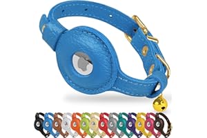 OOPSDOGGY Leather AirTag Cat Collar with Bell - Non Breakaway Kitten Collar with Apple Air Tag Holder - Lightweight GPS Pet Collars for Girl Boy Cats, Small Dogs, Puppies (Blue)