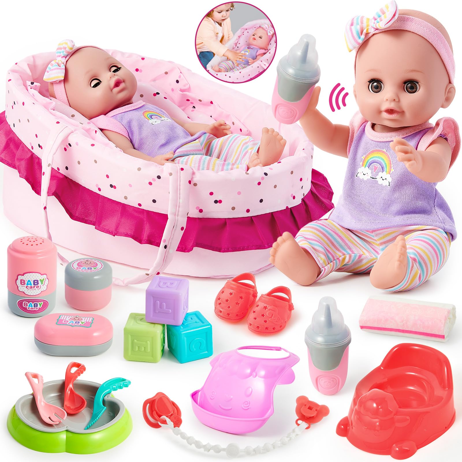 Photo 1 of SVMK 12'' Interactive Baby Doll Set with Bassinet Accessories Toddlers Girls Toys, Talking Laughing Crying Doll Feeding Nursery Playset Pretend Play Gifts for Little Girls Kids 3 4 5 6+ Years Old