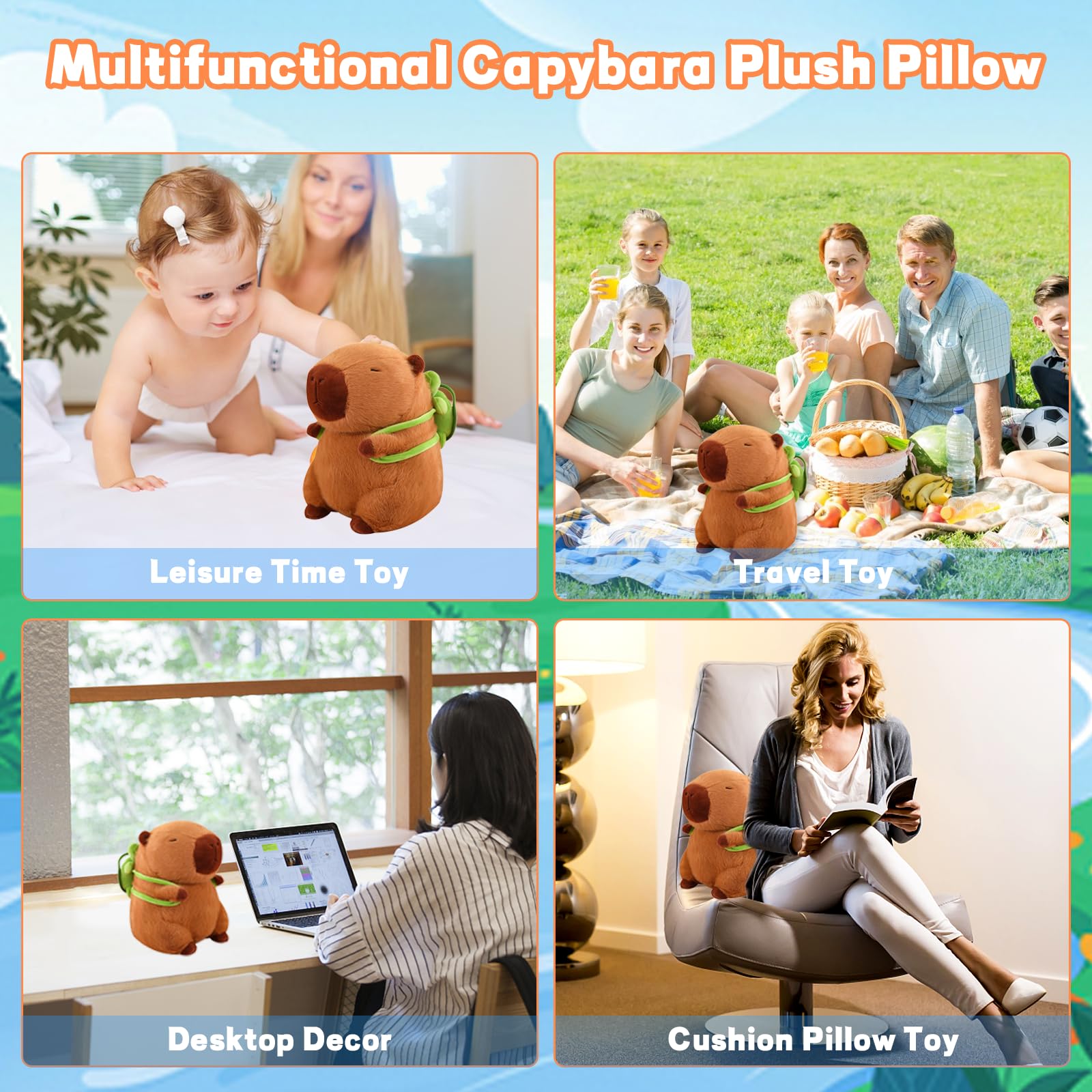 Emoin Cute Capybara Plush Toys Baby Girls Toys 13.8Inch Soft Capybara Stuffed Animals with Turtle Backpack Plushie Doll Birthday Gifts for Toddlers