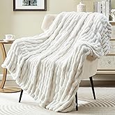 JONIYEAR Solid Soft Fuzzy Ruched Faux Rabbit Fur Throw Blanket 50" x 60", Decorative Shaggy Fluffy Raffle Blanket for Couch Sofa, Cute Cozy Accent Puffy Furry Blankets, Warm Blankets for Winter, White