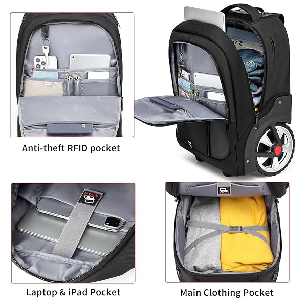 GOTECH ROLLING BACKPACK,WATERPROOF BACKPACK WITH WHEELS FOR BUSINESS AND TRAVEL COMMUTER, CARRY ON BACKPACK WITH LAPTOP COMPARTMENT, FIT 17 INCH LAPTOP, WHEELED BACKPACK FOR ADULTS