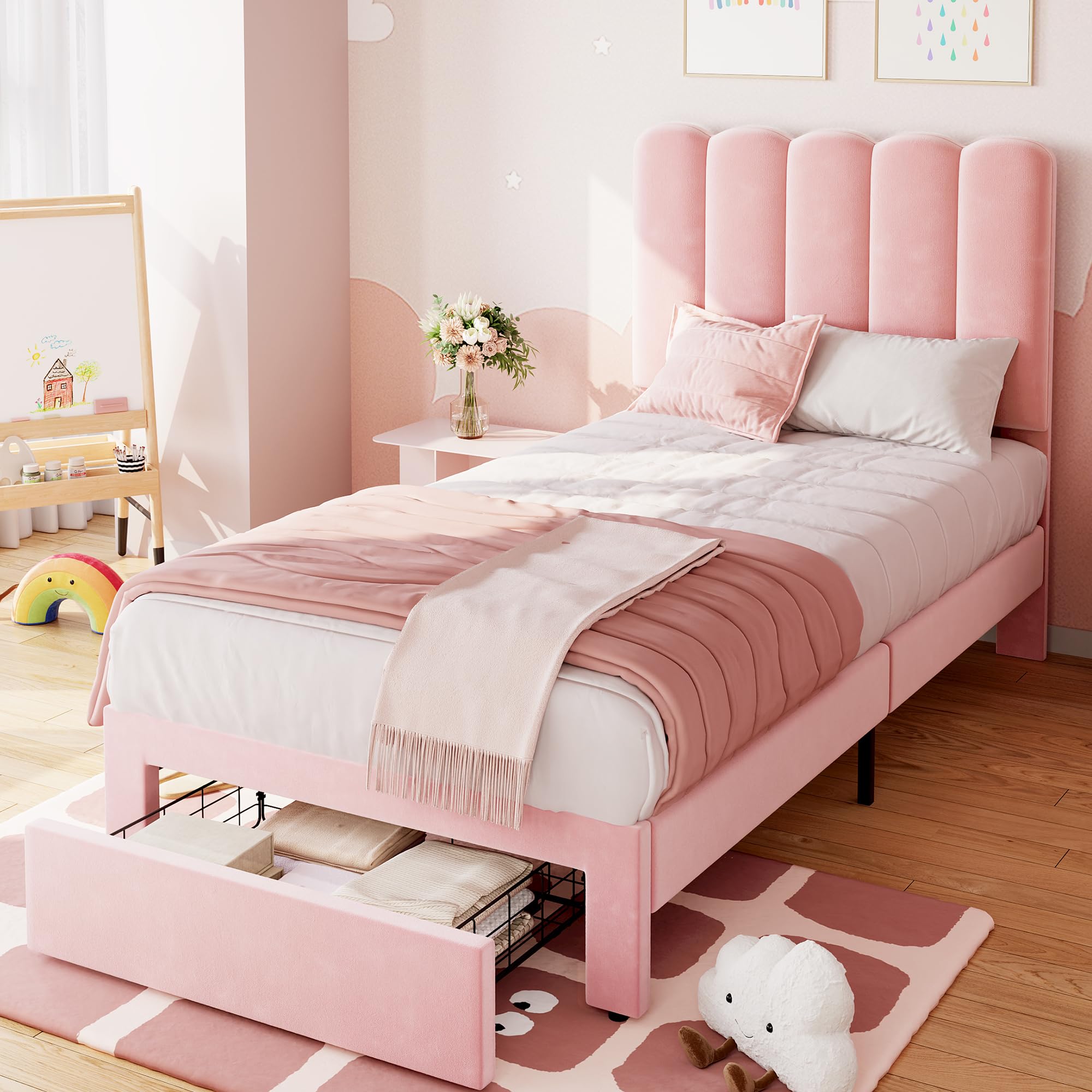 Photo 1 of ***HAS BEEN USED MAY BE MISSING SCREWS***IDEALHOUSE Twin Bed Frame with Storage Drawer and Headboard, Velvet Upholstered Twin Platform Bed Frame for Girls, Strong Wooden Slats Support, Noise-Free, Easy Assembly (Pink)