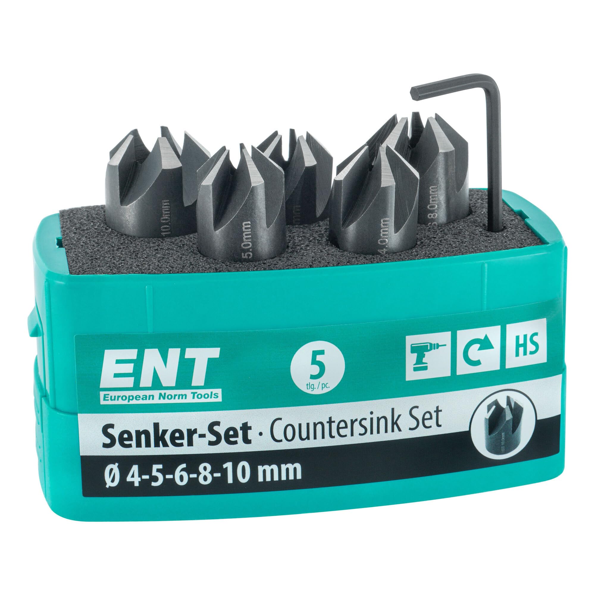 ENT 26516 5-piece Countersink Drill Bit Set HSS, Diameters (d) 4, 5, 6, 8 and 10 mm, E 90°, Right Hand