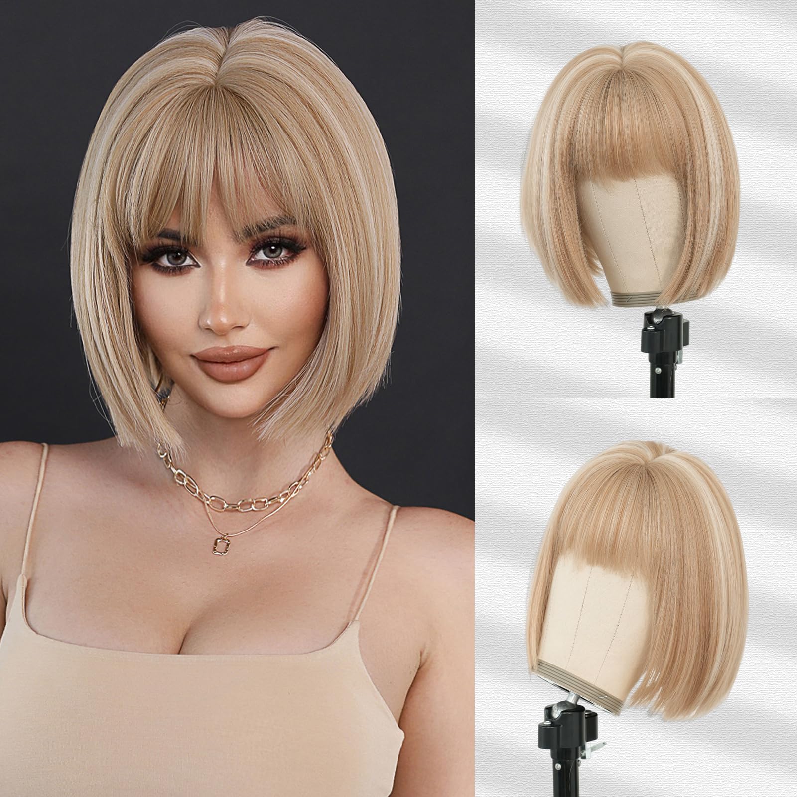 Photo 1 of 7JHH WIGS Short Straight Wig with Bangs 12in Short Natural Blonde Bob Highlight Wig Synthetic Natural Hair Heat Resistant 150% Density Staight Layered Wig for Women Daily Used