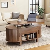 ONBRILL 43.3" Oval Lift Top Fluted Coffee Table with Sliding Door, Walnut | Mid-Century Modern Fluted Coffee Table with Lift Tabletop &amp; Multi-Storage Spaces, Dining Table for Living Room, Home Office