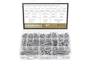 Kindroufly 527 Pieces #4#6#8#10#12 Phillips Countersunk Head Self-Tapping Screws, Wood Screws Assortment Kit, 304 Stainless Steel