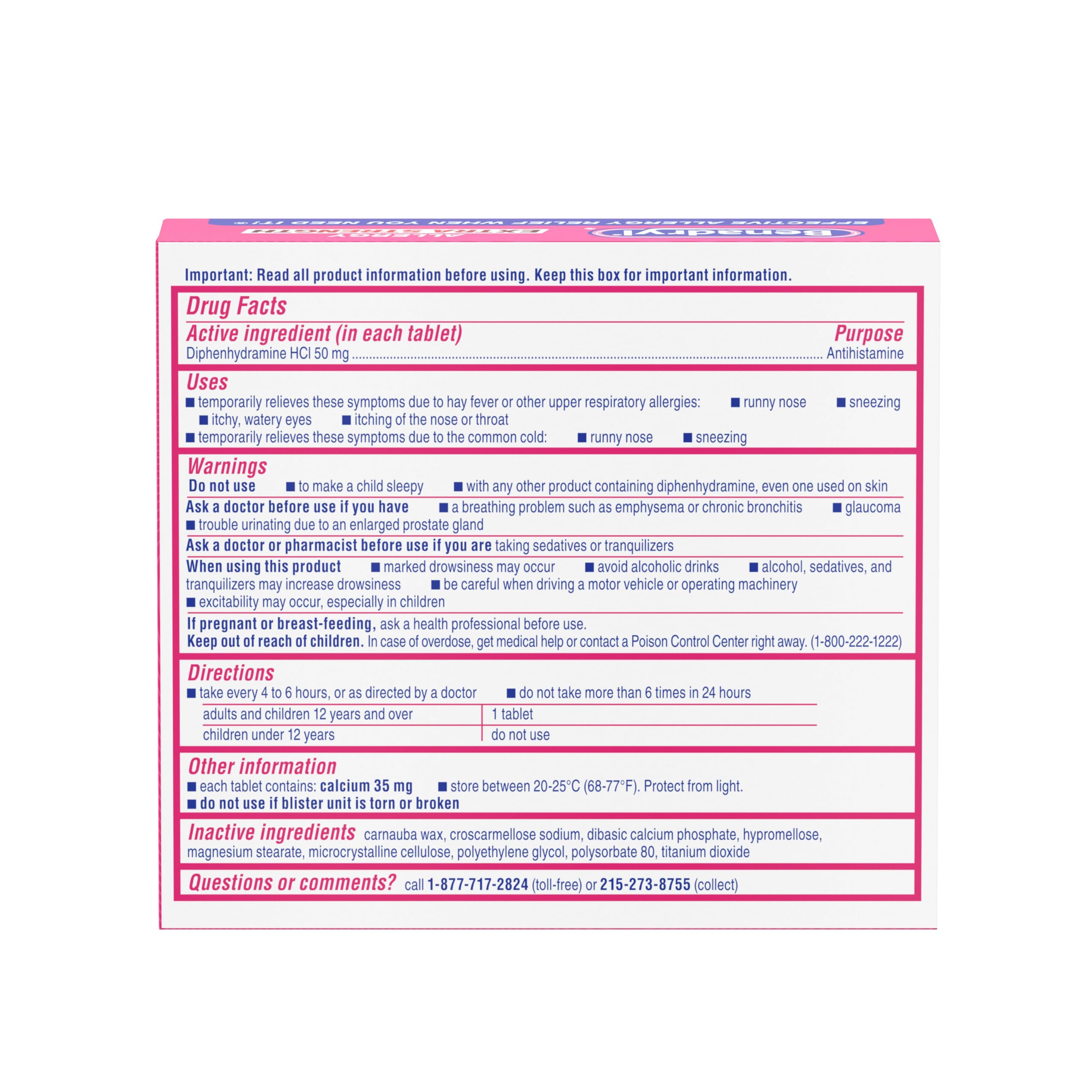 Benadryl Extra Strength Allergy Relief Medicine, 50 mg Diphenhydramine HCl Antihistamine Tablets for Relief of Allergy Symptoms Due to Hay Fever or Other Upper Respiratory Allergies, 24 ct
