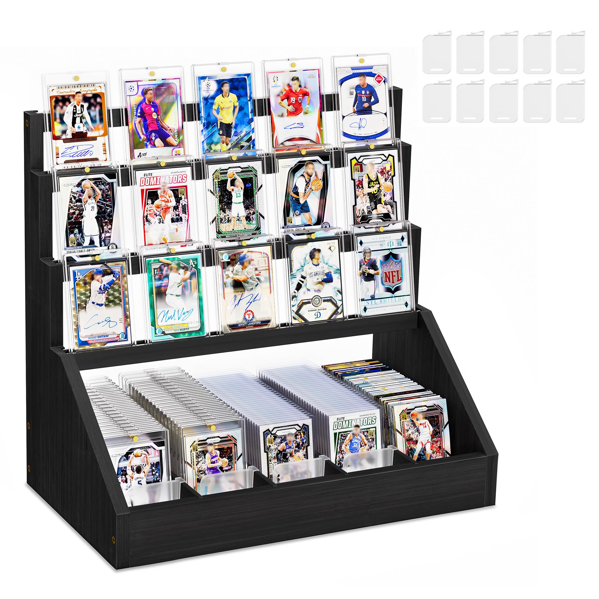 Emfogoo 3-Tier Trading Card Display Stand, Wooden Card Storage Case with 5 Rows & Card Stoppers, Large Capacity Sports/Football Card Holder, Graded Card Storage for Game Collections (Black)