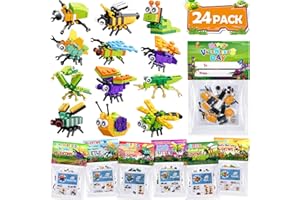 Asoulin Valentines Day Gifts for Kids - 24 Pack Valentines Day Cards for Kids Classroom School 12-In-1 Insect Building Block Set, Kids Party Favors Goodie Bags Classmate Exchange Gift Classroom Prizes