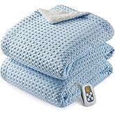 CAROMIO Heated Blanket Twin Size, Waffle Weave Electric Throw Blanket Fast Heating with LCD Controller, 10 Heat Levels & 1-12H Time Settings Auto Off, ETL Certified, Light Blue, 62" x 84"