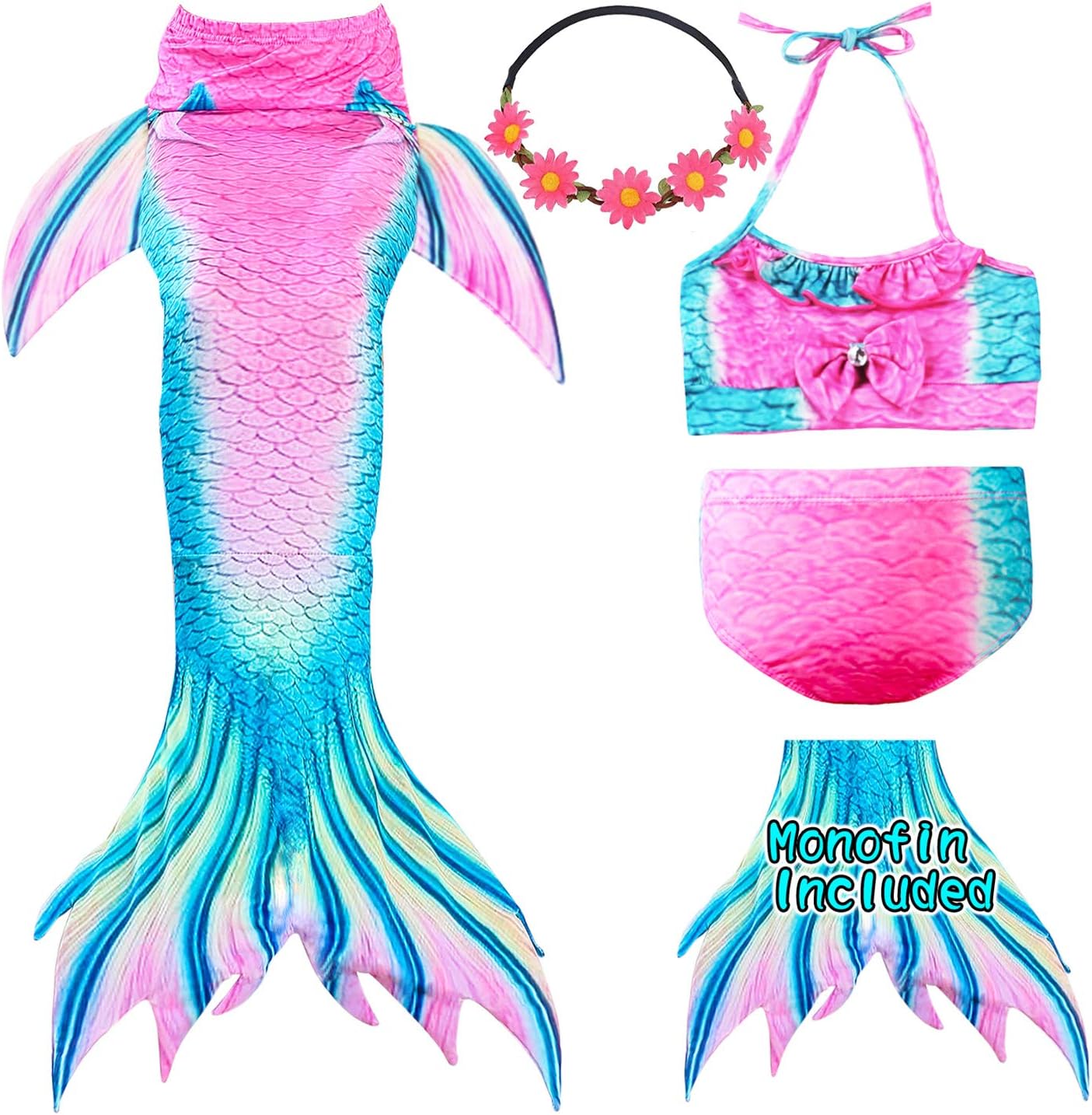 Mermaid Tails for Swimming with Monofin for Girls Kids, Mermaid Tail Bathing Suit Bikini Set, Mermaid Tail Costume Cosplay