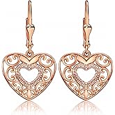 14K Gold Plated Sterling Silver Heart Earrings for Women - Drop Dangle Filigree Earrings for Women - Fashion Cute Jewelry Anniversary Birthday Christmas Gifts for Her