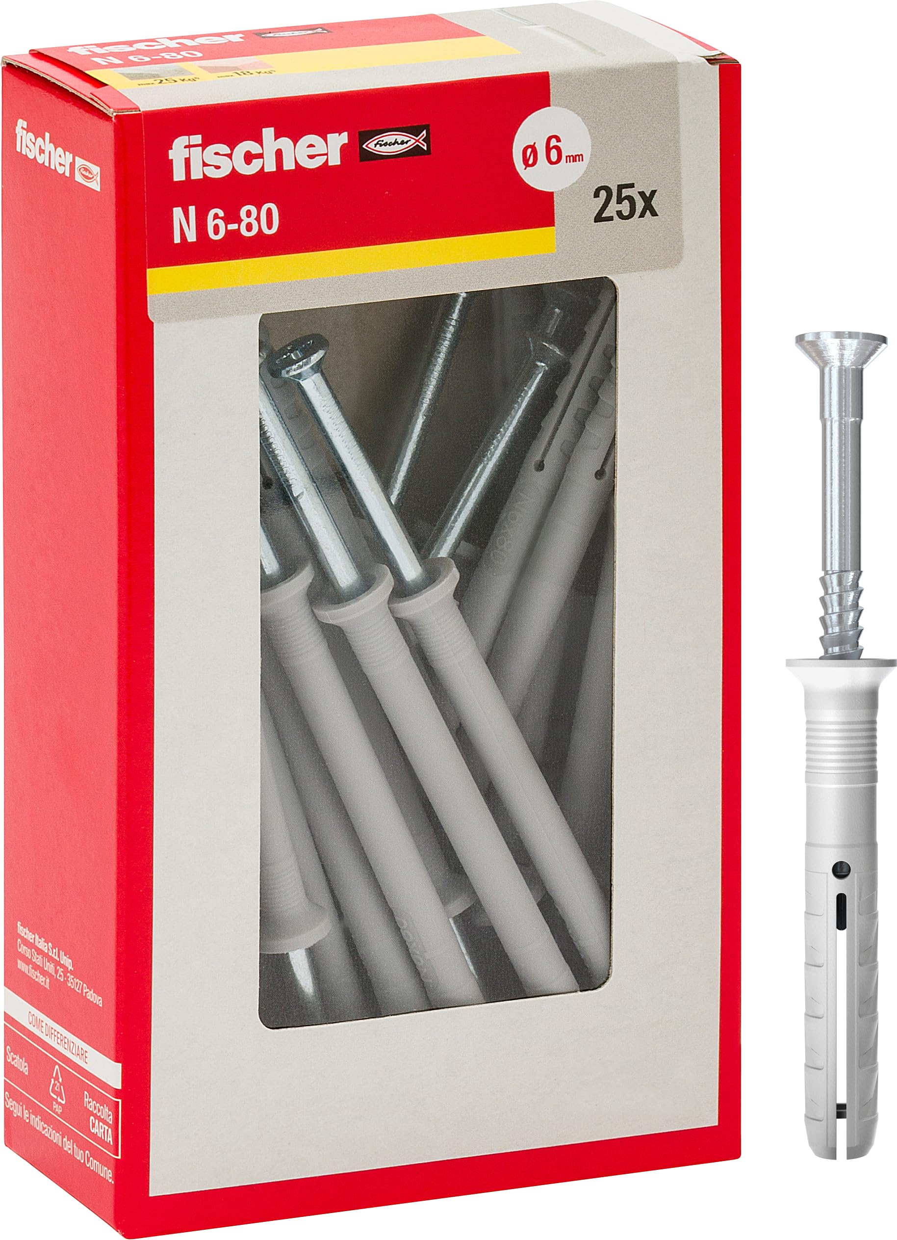 fischer 508275 Extension Dowel for Tapping N 6 x 80 Y, Impact Attachment with Pre-Assembled Nail for Full, Semi-Filled and Concrete, 25 Pieces per Pack, Grey, 6 x 80 mm