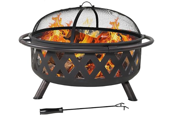 Sunnydaze Crossweave Outdoor Fire Pit - Wood-Burning Fire Pit for Outside with Spark Screen, Poker and Round Cover - Steel Pa