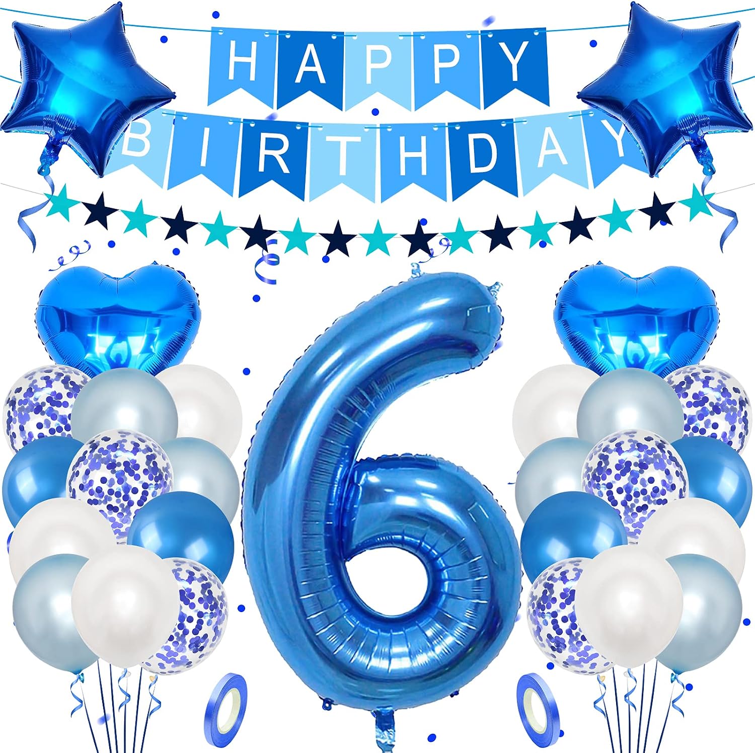 Unisun 6th Birthday Decorations for boy 40 inch Helium Foil Balloon Number 6 Light Blue White Confetti Latex Balloons