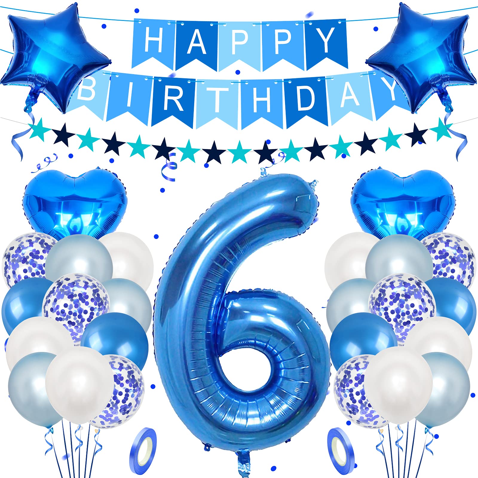 Unisun 6th Birthday Decorations for boy, 40 inch Helium Foil Balloon Number 6 Light Blue White Confetti Latex Balloons, Happy Birthday Banner with Ribbon for 6 Year Kid Birthday Party Supplies