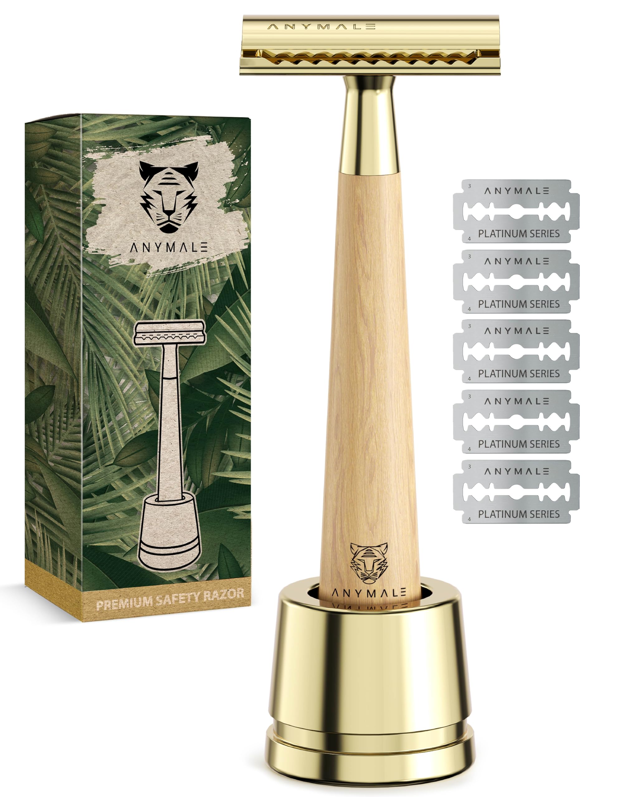 ANYMALE® Safety Razor Maple Wood Gold - Women's Set with 5 Astra Blades and Stand - Plastic-Free Razor