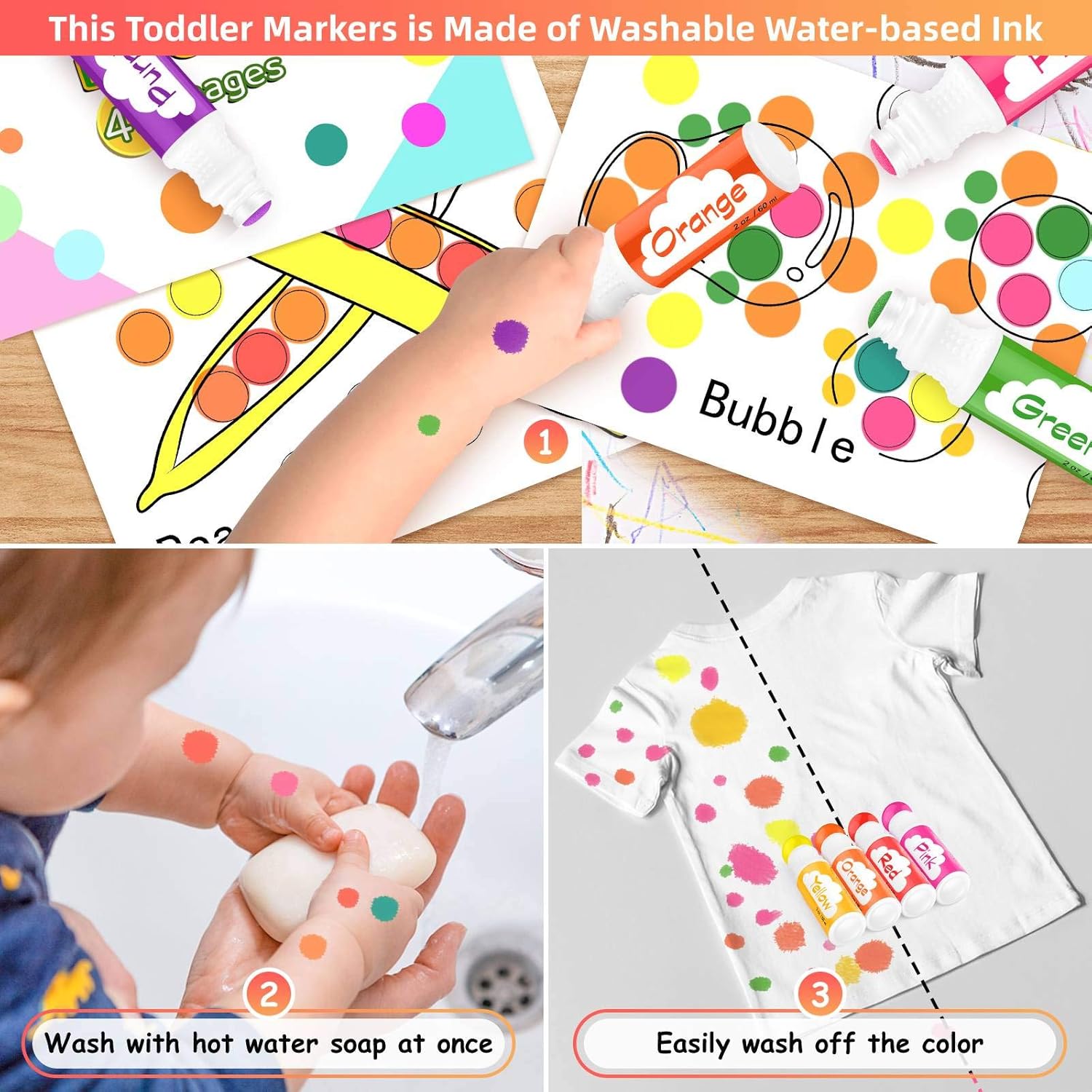 Washable Dot Markers for Toddlers Kids Preschool, 10 Colors 2 oz Kids Markers Set with 48 Pages Tearable Activity Book for Toddler Arts and Crafts Kits Supplies, Non-Toxic Water-Based Paint Dauber: Office Products