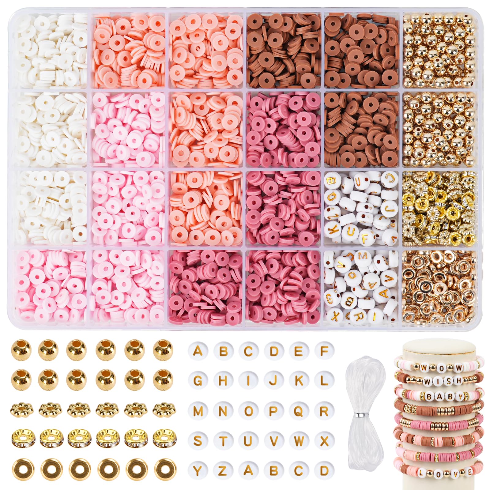 Photo 1 of QUEFE Pink Bracelet Making Kit Friendship Bracelets 2850 Flat Clay Beads and Gold Spacer Beads for Jewelry Making, Crafts, Gifts and Birthday (Rose Smoke)